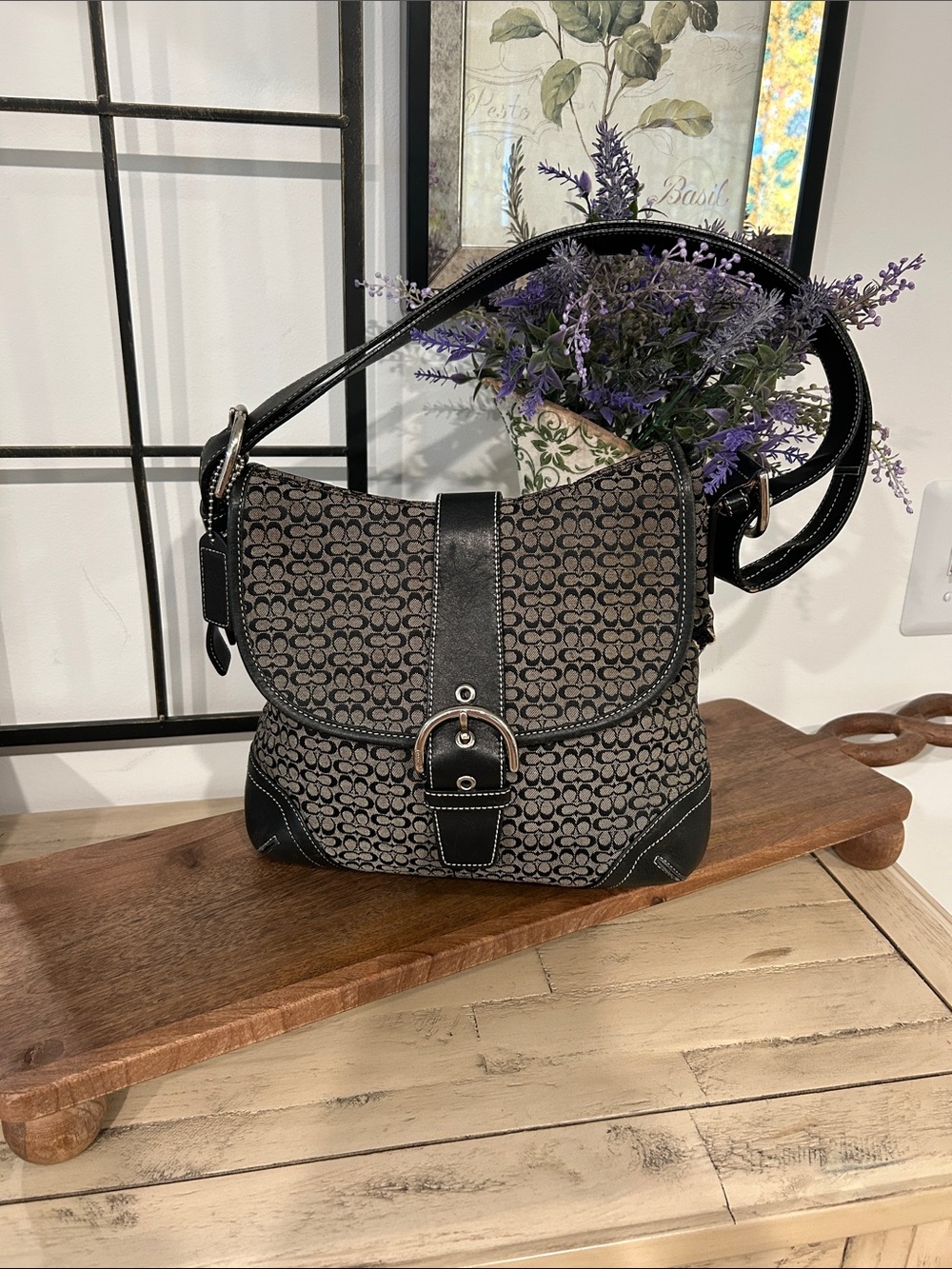 Coach Black and Gray Signature Canvas Shoulder Bag